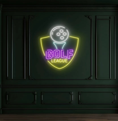 Premium "golf league" neon sign in purple mounted on wall.