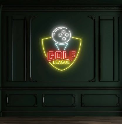 Modern wall decor with golf league neon sign glowing red.
