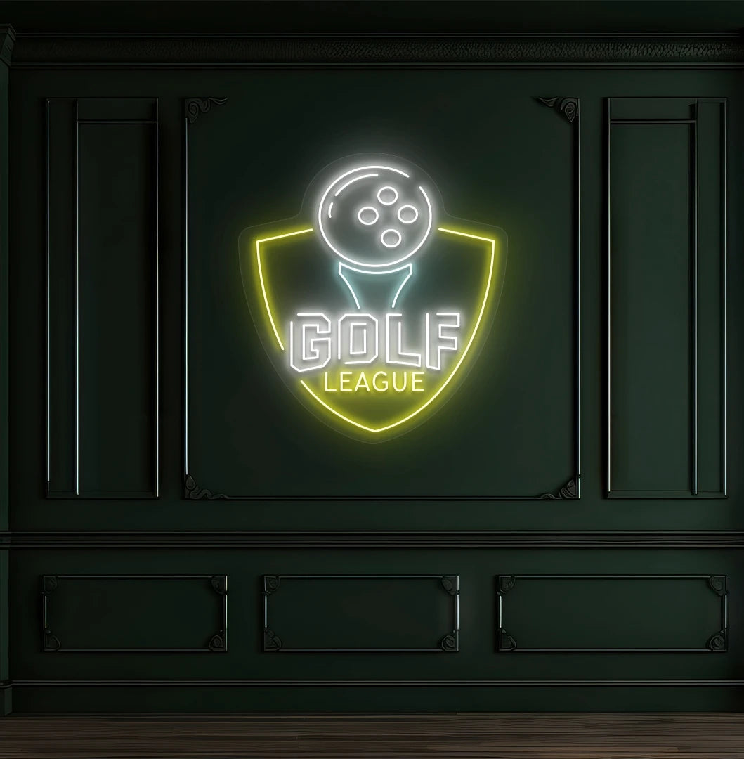 Modern wall decor with golf league neon sign glowing white.