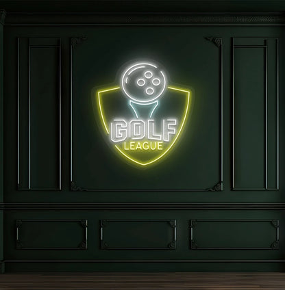 Modern wall decor with golf league neon sign glowing white.