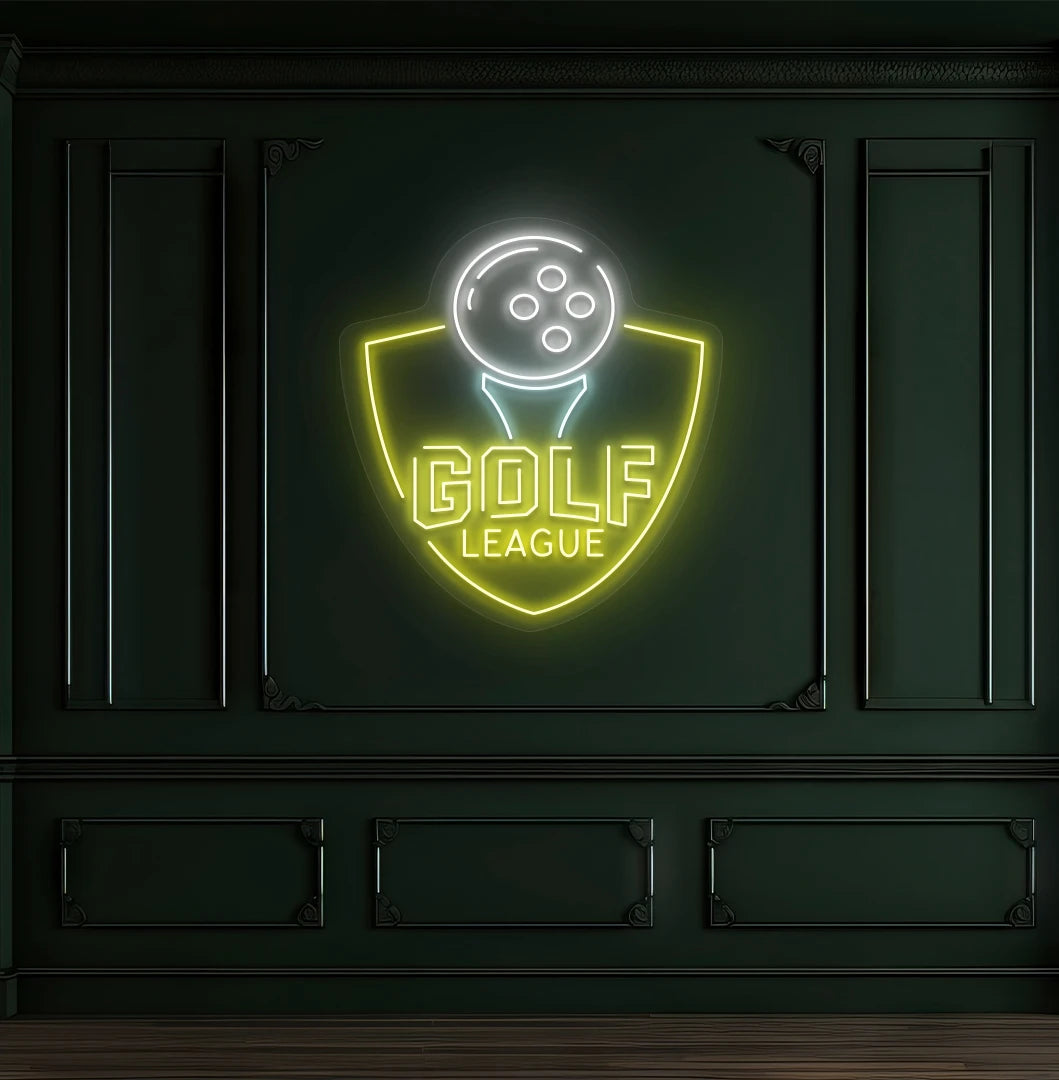 Premium "golf league" neon sign in yellow mounted on wall.