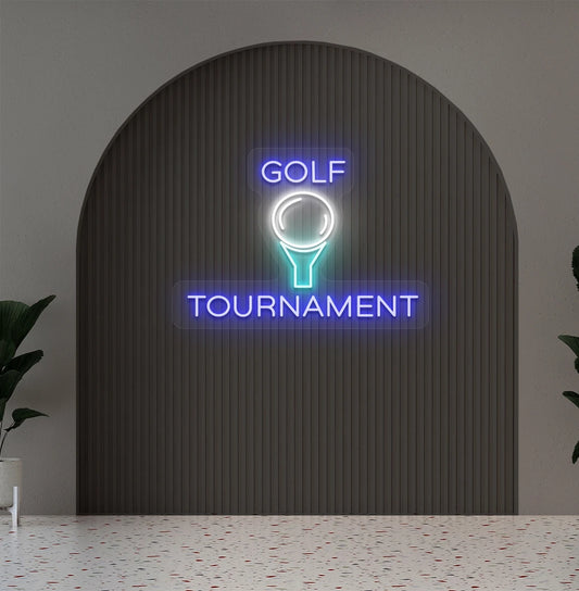 Modern aesthetic wall with golf tournament neon sign glowing blue.