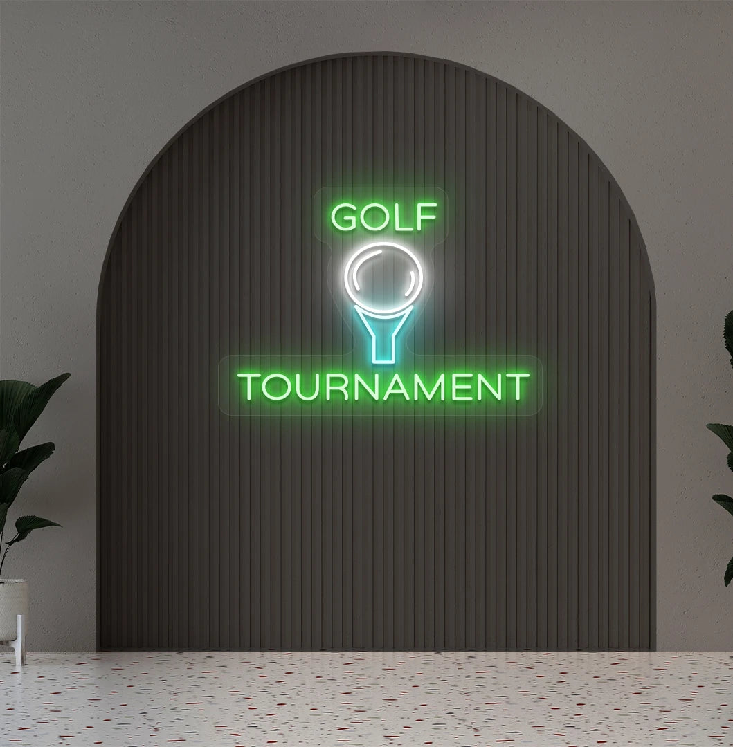 Stylish golf tournament neon sign in green mounted on aesthetic wall.