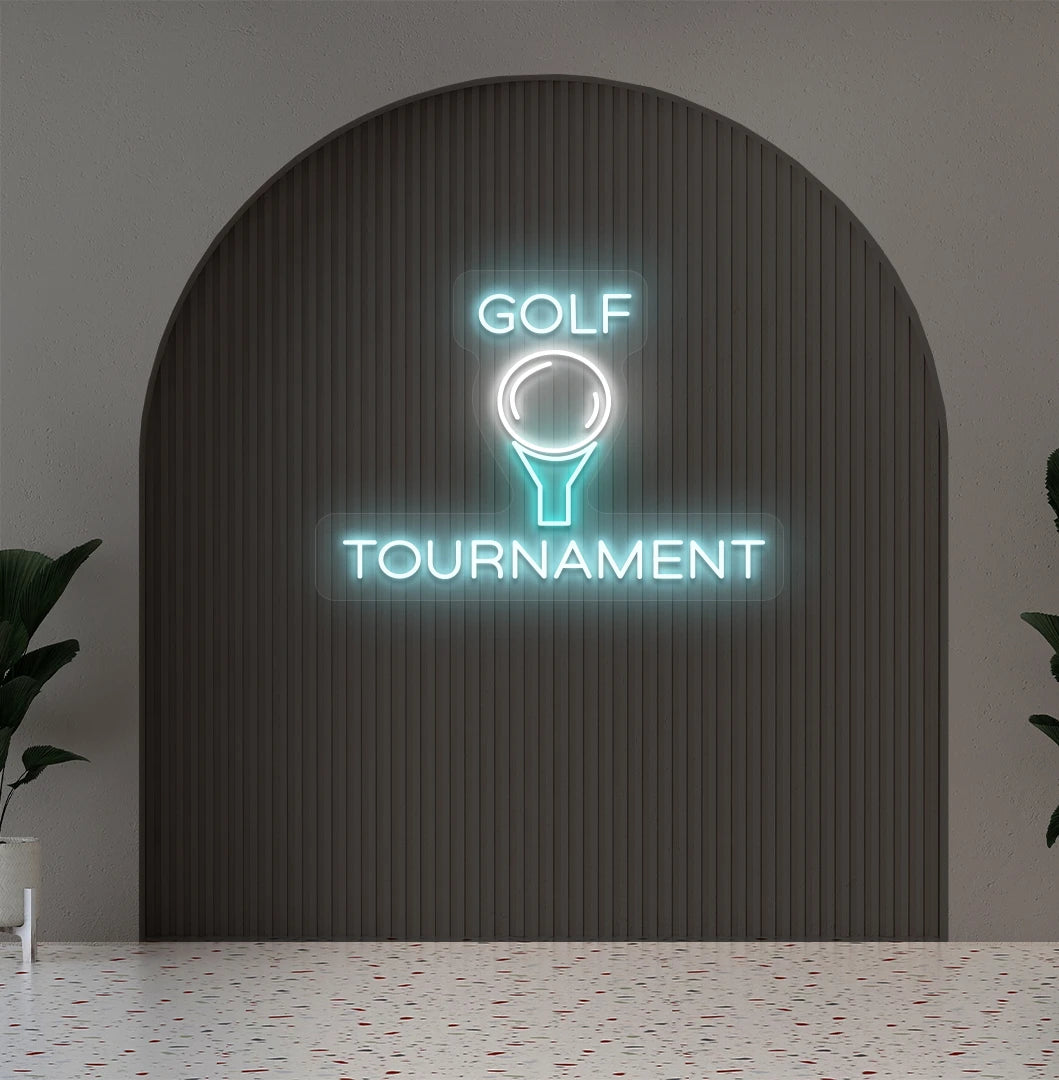 Modern aesthetic wall with golf tournament neon sign glowing ice blue.