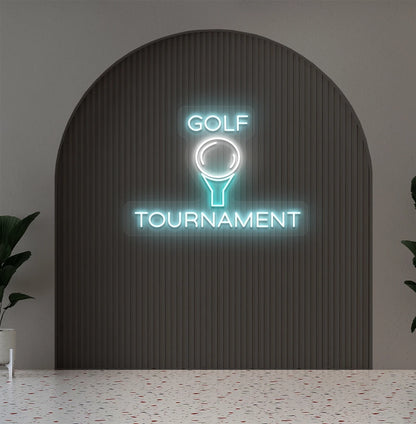 Modern aesthetic wall with golf tournament neon sign glowing ice blue.