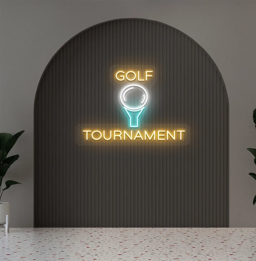 Stylish golf tournament neon sign in orange mounted on aesthetic wall.