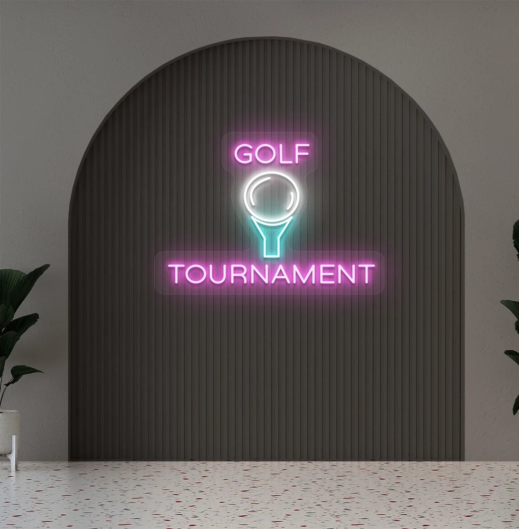 Modern aesthetic wall with golf tournament neon sign glowing pink.