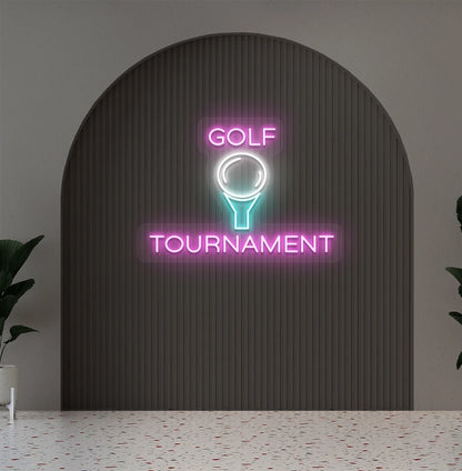 Modern aesthetic wall with golf tournament neon sign glowing pink.