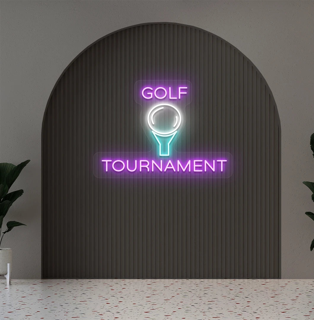 Stylish golf tournament neon sign in purple mounted on aesthetic wall.