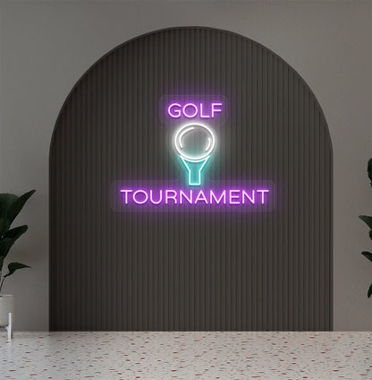 Stylish golf tournament neon sign in purple mounted on aesthetic wall.