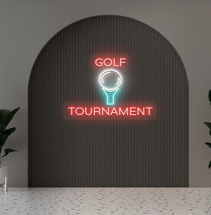 Modern aesthetic wall with golf tournament neon sign glowing red.