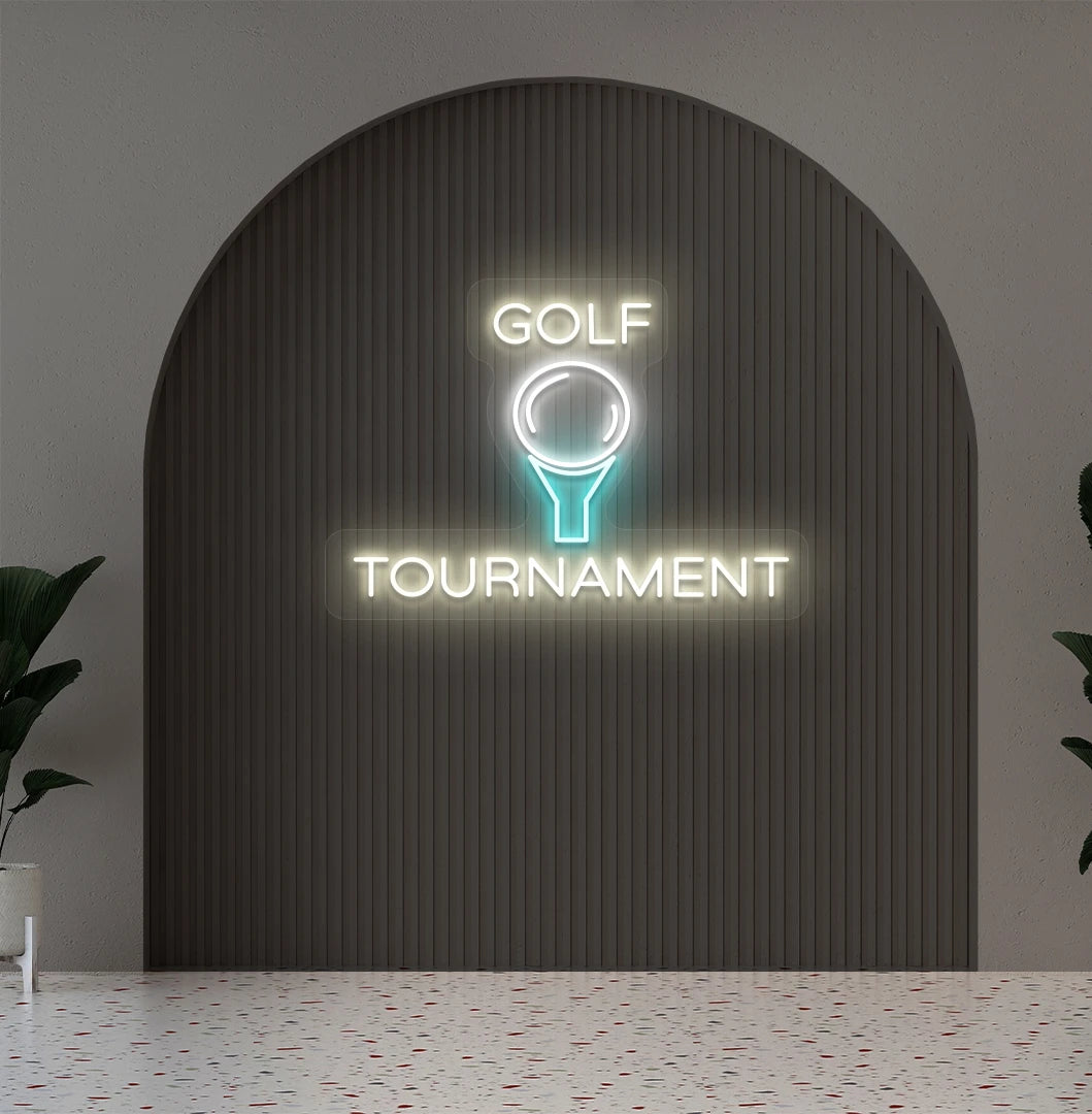 Stylish golf tournament neon sign in warm white mounted on aesthetic wall.