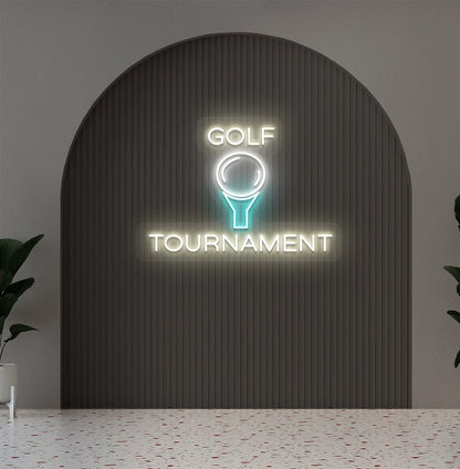 Stylish golf tournament neon sign in warm white mounted on aesthetic wall.