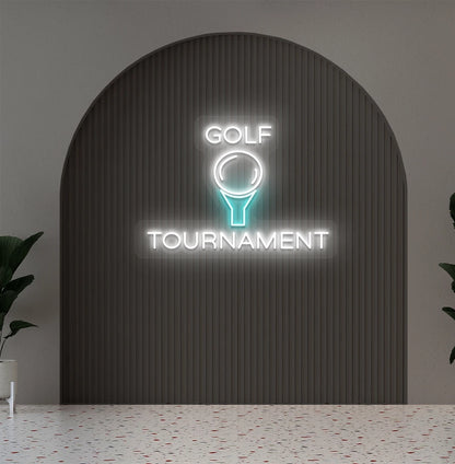 Modern aesthetic wall with golf tournament neon sign glowing white.