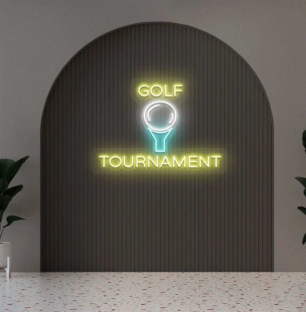 Stylish golf tournament neon sign in yellow mounted on aesthetic wall.