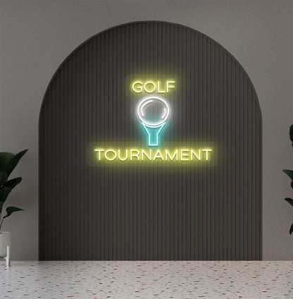 Stylish golf tournament neon sign in yellow mounted on aesthetic wall.