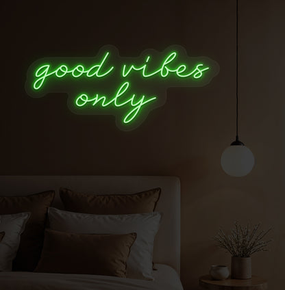 Stylish bedroom wall decor with a "Good vibes only" green neon sign. Perfect for bedrooms, photo backdrops & reels, and gifts for friends & loved ones. 