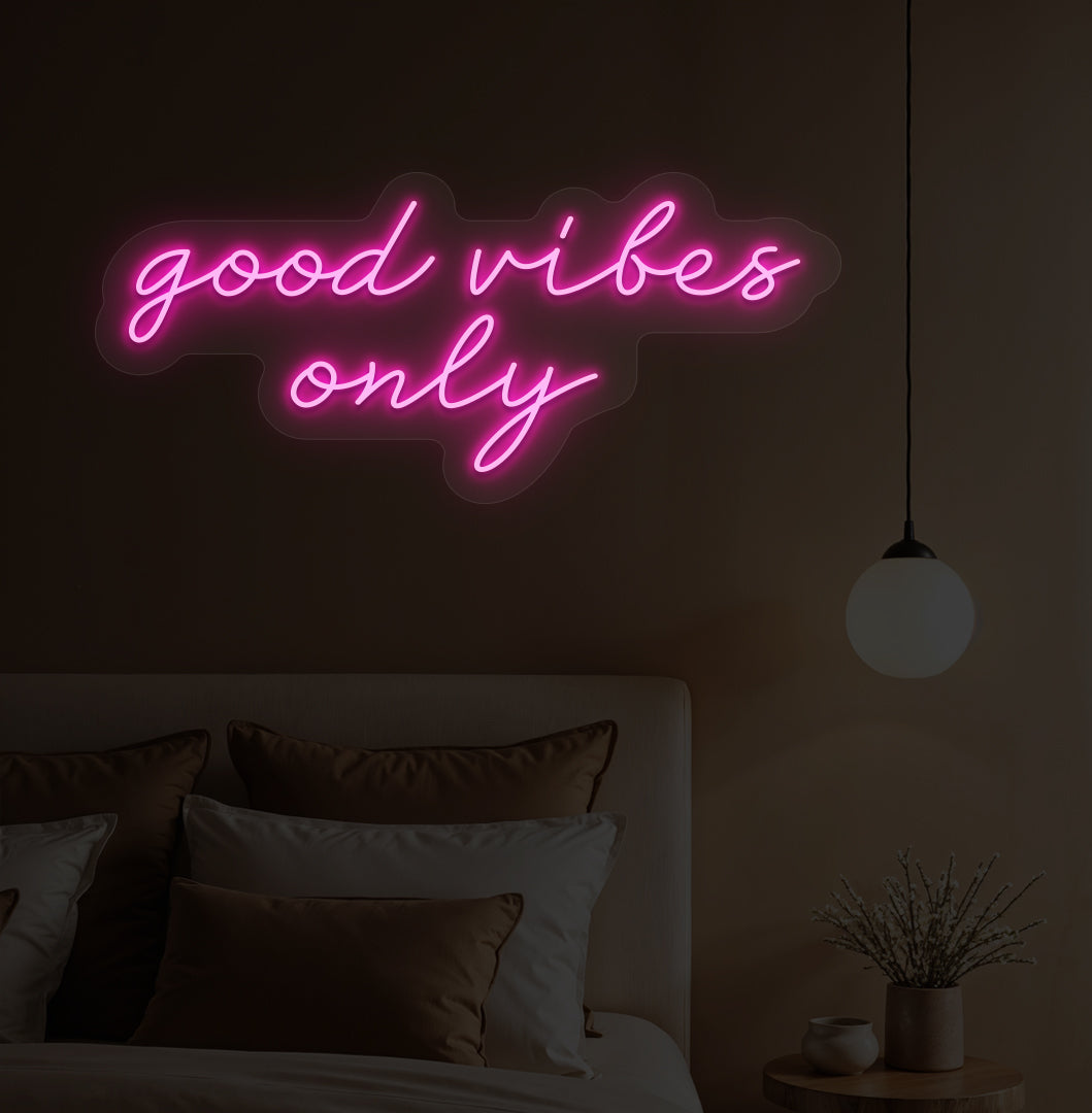 Stylish bedroom wall decor with a "Good vibes only" pink neon sign. Perfect for bedrooms, photo backdrops & reels, and gifts for friends & loved ones. 