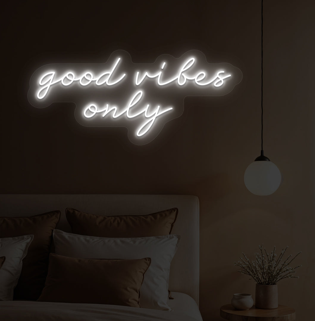 Stylish bedroom wall decor with a "Good vibes only" white neon sign. Perfect for bedrooms, photo backdrops & reels, and gifts for friends & loved ones. 