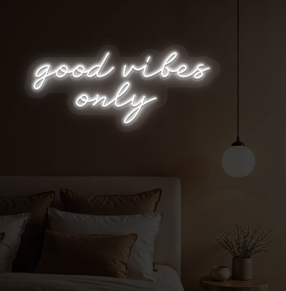 Stylish bedroom wall decor with a "Good vibes only" white neon sign. Perfect for bedrooms, photo backdrops & reels, and gifts for friends & loved ones. 
