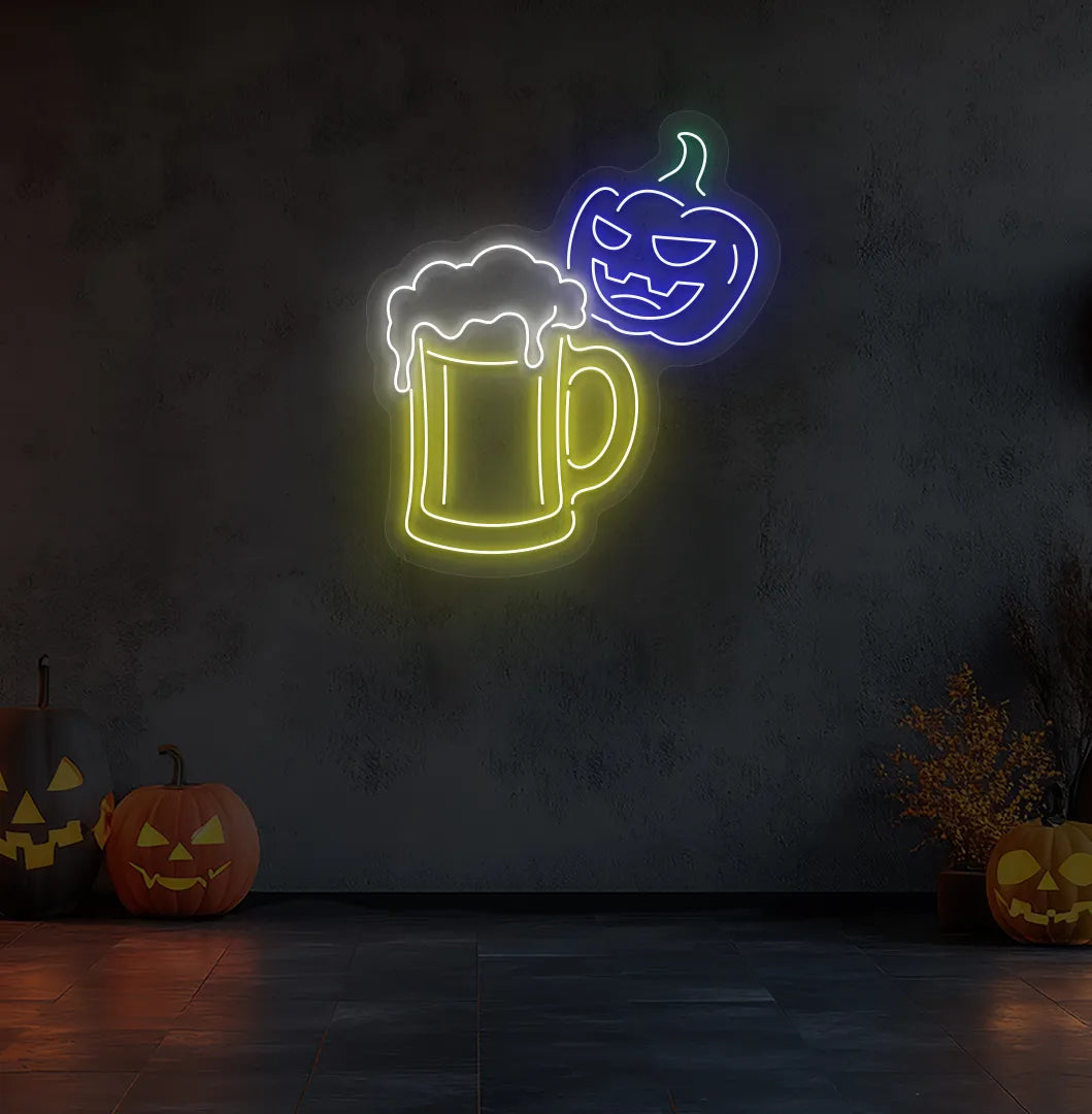 Blue LED Halloween Beer Neon Sign displayed on a Halloween themed background.