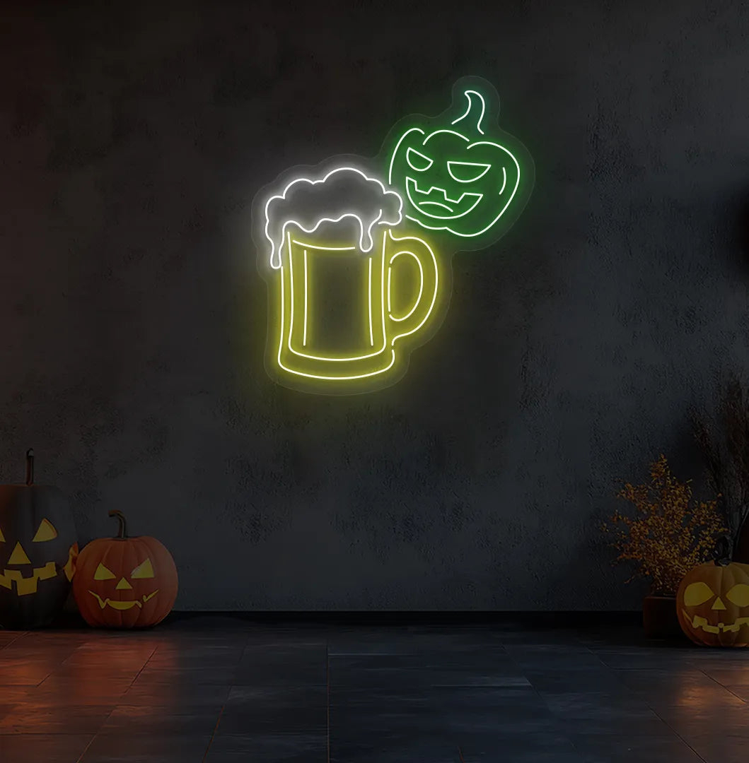 Glowing green Halloween Beer LED neon sign mounted on Halloween wall decoration.