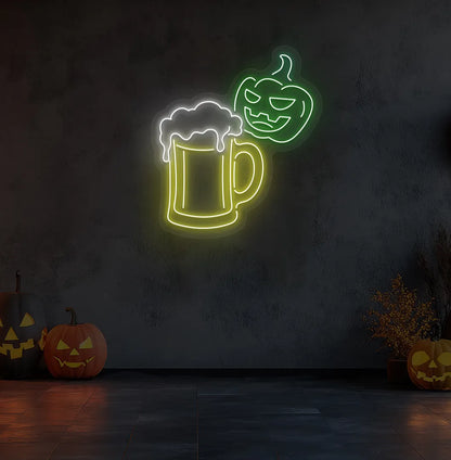 Glowing green Halloween Beer LED neon sign mounted on Halloween wall decoration.