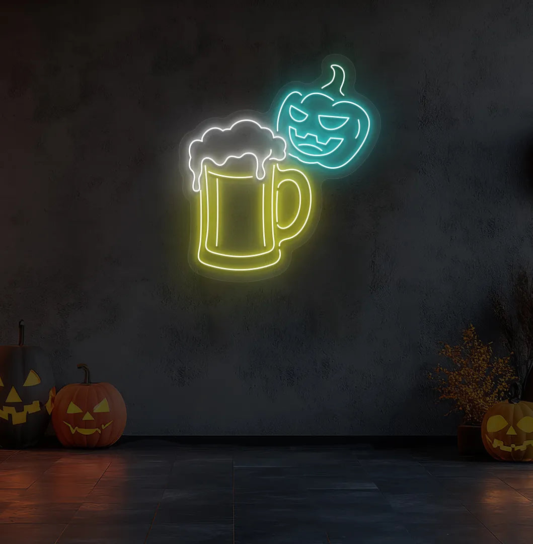 Ice Blue LED Halloween Beer Neon Sign displayed on a Halloween themed background.