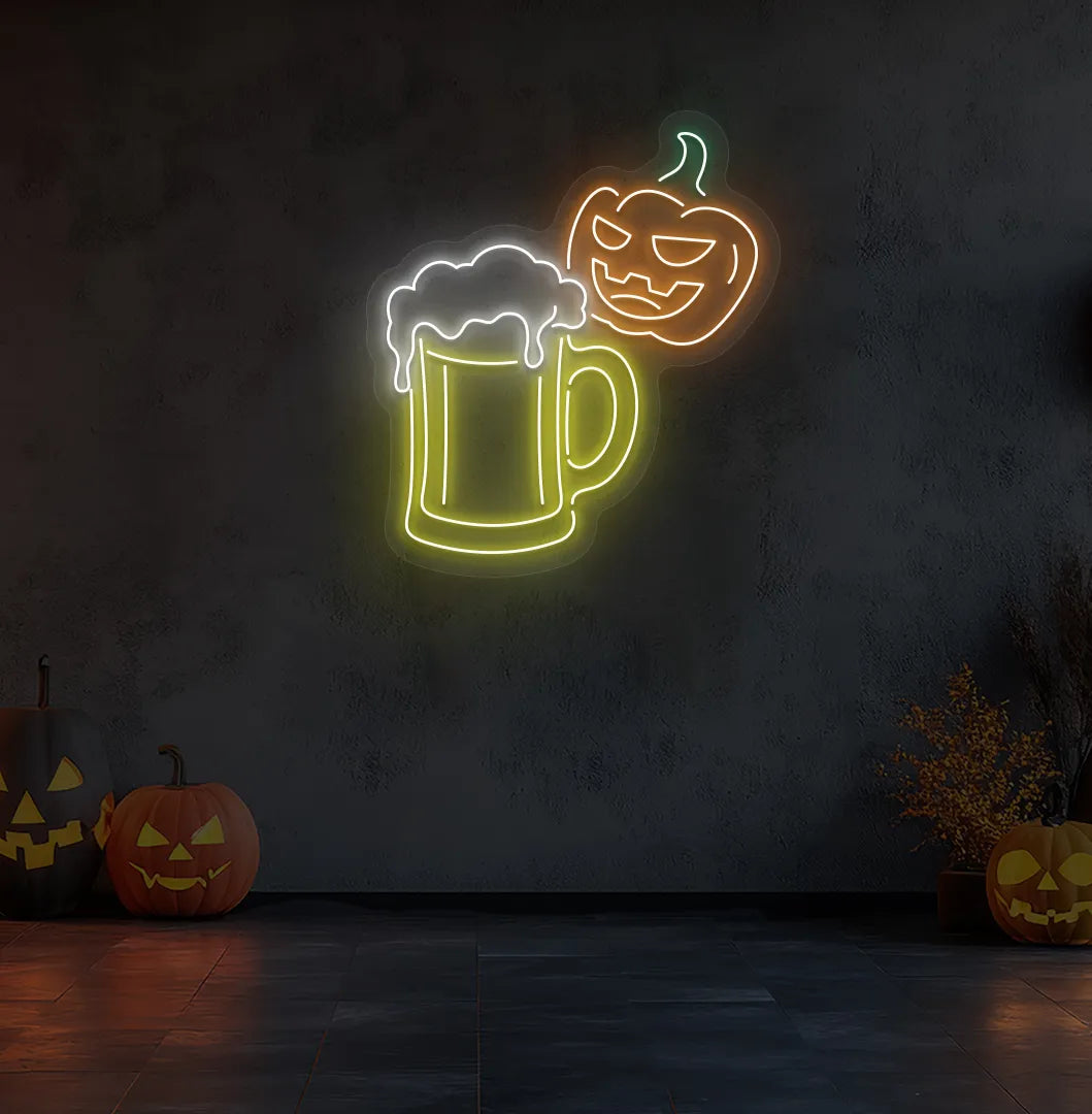 Glowing orange Halloween Beer LED neon sign mounted on Halloween wall decoration.