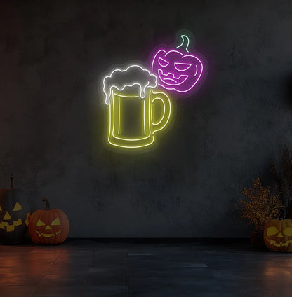 Pink LED Halloween Beer Neon Sign displayed on a Halloween themed background.