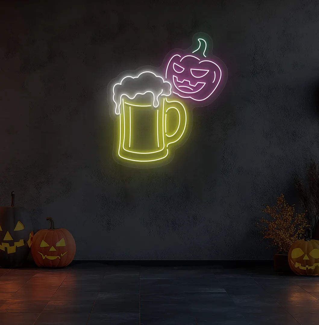 Glowing purple Halloween Beer LED neon sign mounted on Halloween wall decoration.