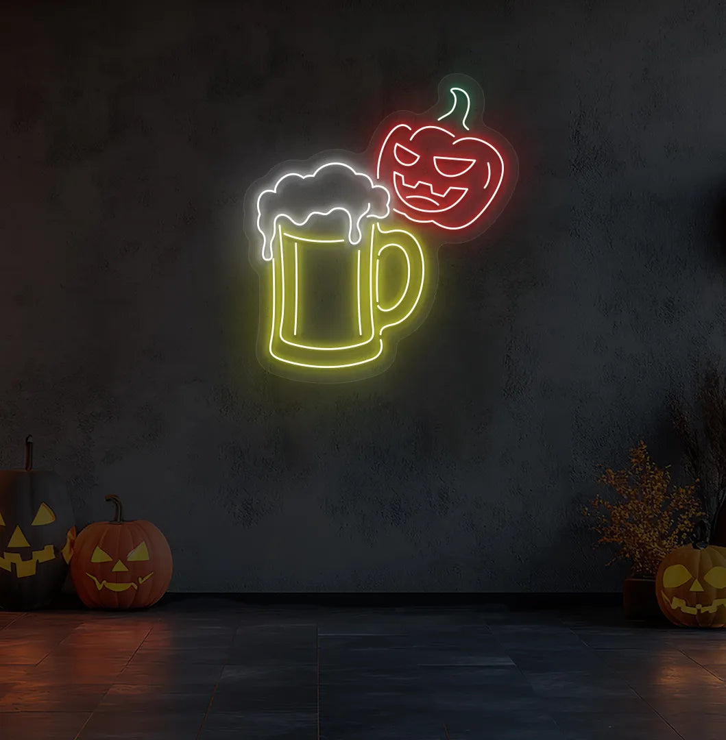 Red LED Halloween Beer Neon Sign displayed on a Halloween themed background.