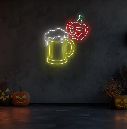 Red LED Halloween Beer Neon Sign displayed on a Halloween themed background.