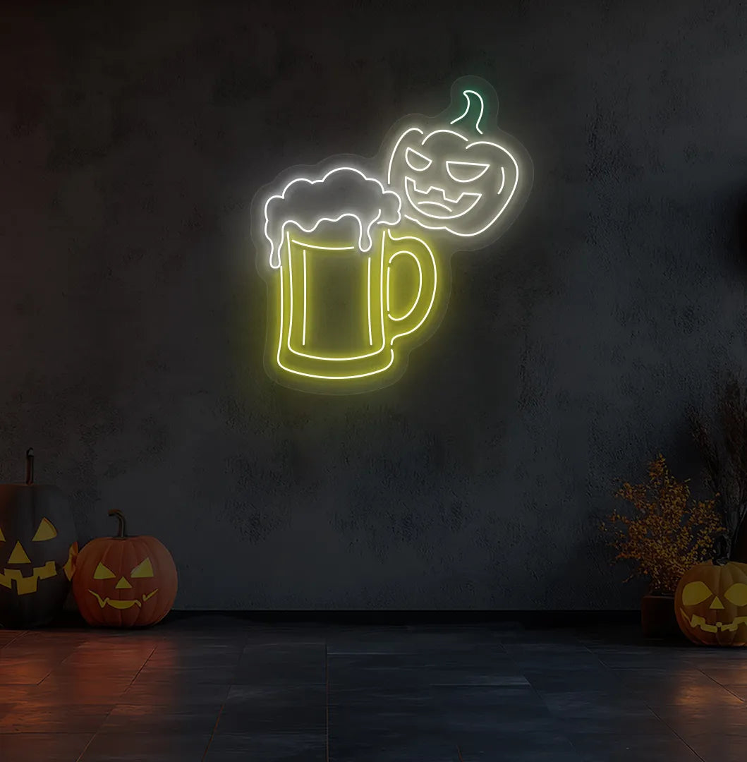 Glowing warm white Halloween Beer LED neon sign mounted on Halloween wall decoration.