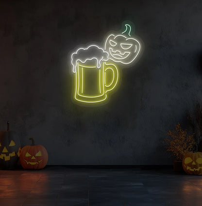 Glowing warm white Halloween Beer LED neon sign mounted on Halloween wall decoration.