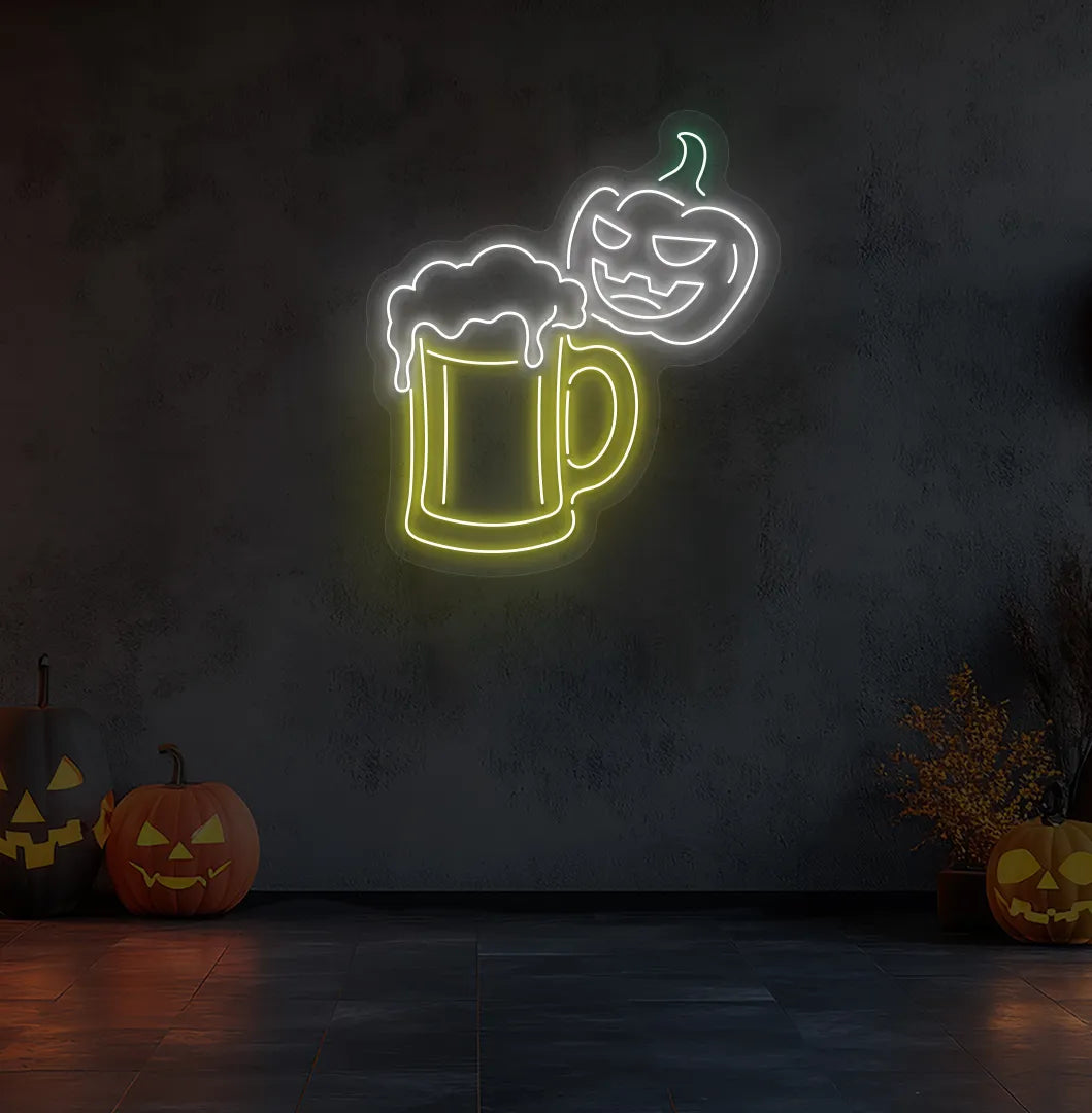 White LED Halloween Beer Neon Sign displayed on a Halloween themed background.