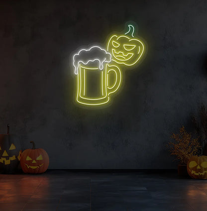 Glowing yellow Halloween Beer LED neon sign mounted on Halloween wall decoration.