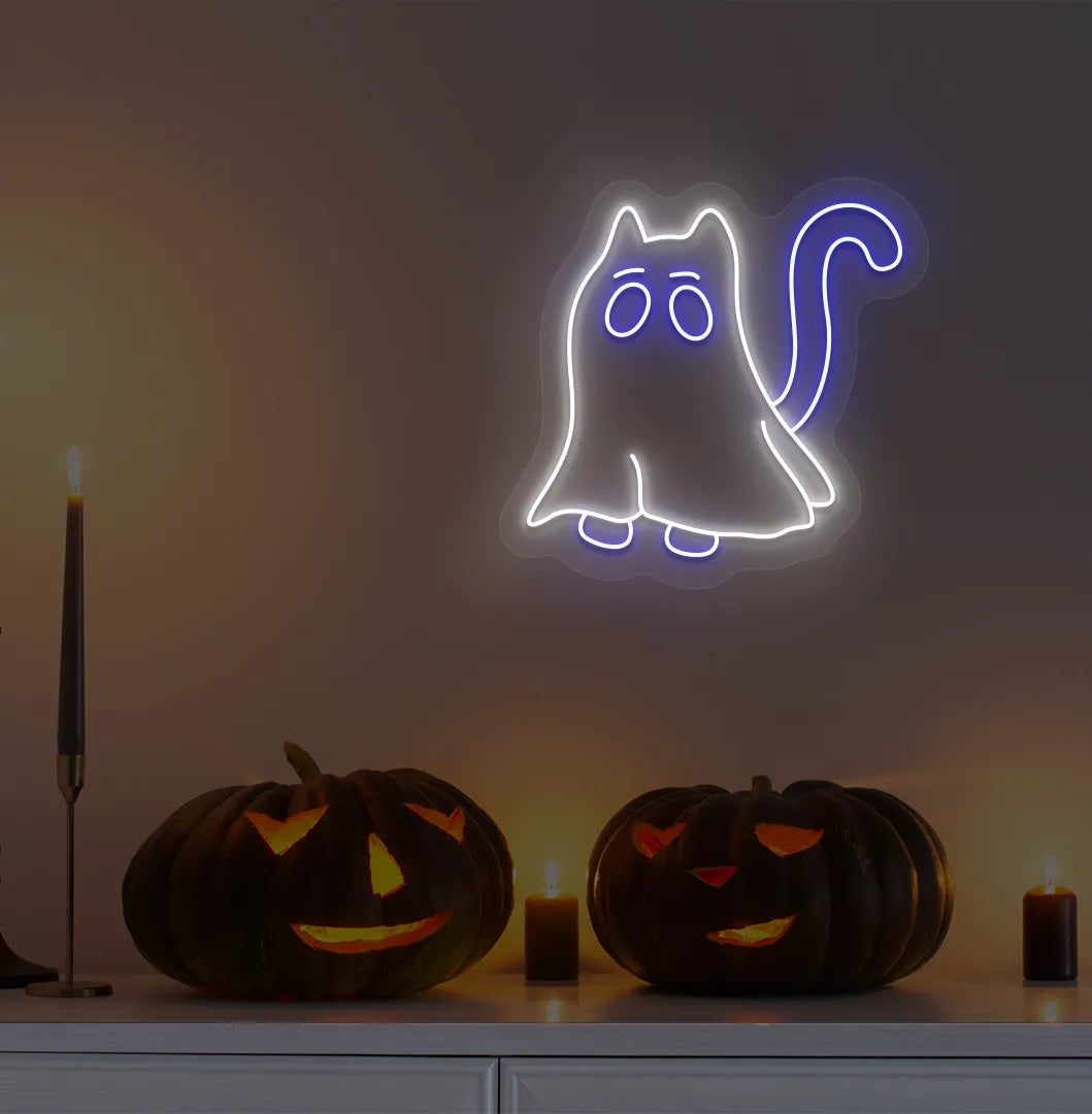 Halloween Cat LED neon sign with blue glow mounted on Halloween wall décor.