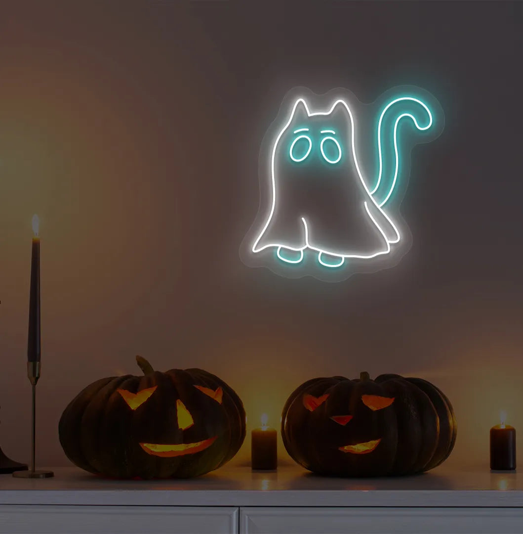 Halloween Cat LED neon sign with ice blue glow mounted on Halloween wall décor.