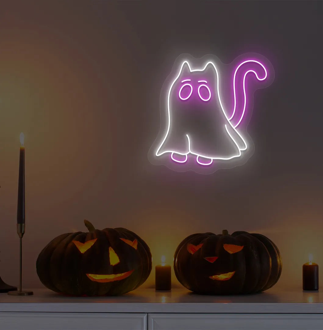 Halloween Cat LED neon sign with pink glow mounted on Halloween wall décor.