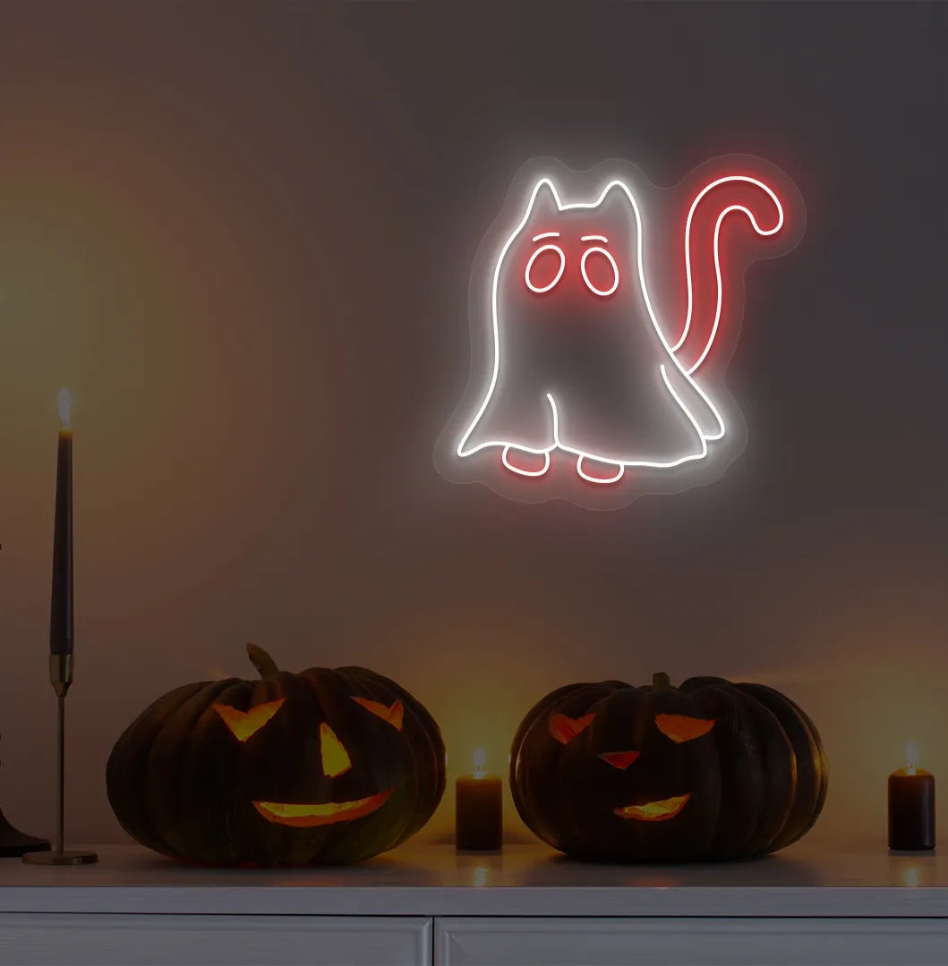 Halloween Cat LED neon sign with red glow mounted on Halloween wall décor.