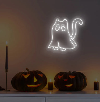 Halloween Cat LED neon sign with white glow mounted on Halloween wall décor.