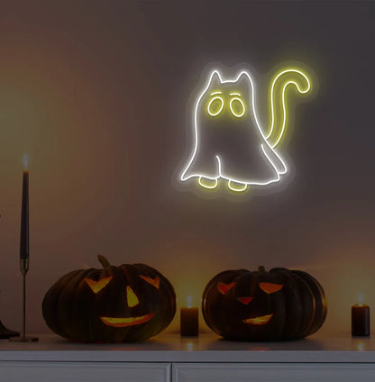 Halloween Cat LED neon sign with yellow glow mounted on Halloween wall décor.