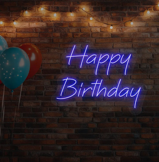 Stylish Happy Birthday neon sign mounted on modern aesthetic wall in blue color.
