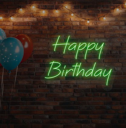 Image of a "Happy Birthday" LED neon sign glowing green for birthday celebration backdrop.