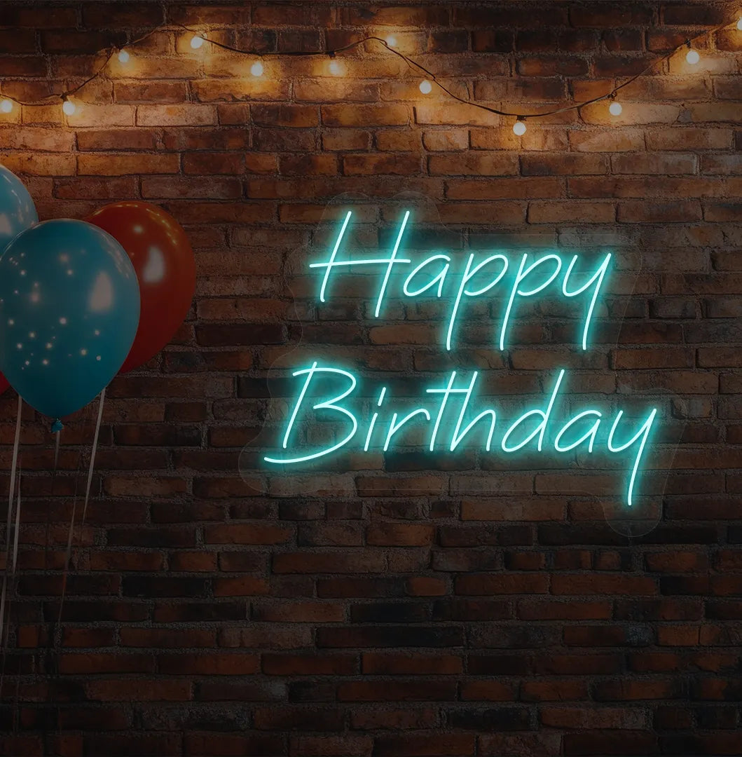 Stylish Happy Birthday neon sign mounted on modern aesthetic wall in ice blue color.