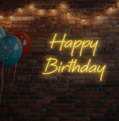 Image of a "Happy Birthday" LED neon sign glowing orange for birthday celebration backdrop.