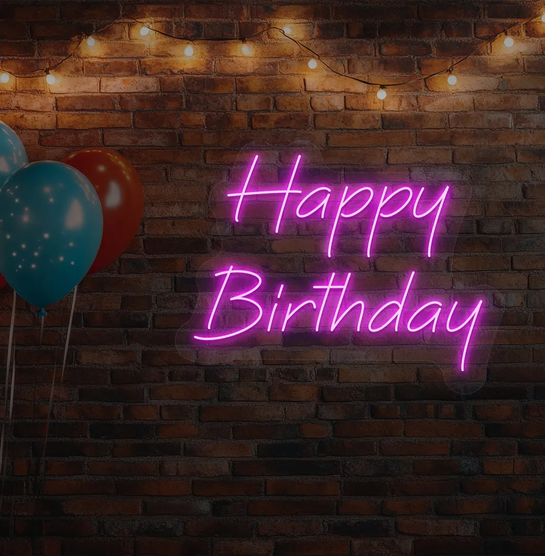 Stylish Happy Birthday neon sign mounted on modern aesthetic wall in pink color.