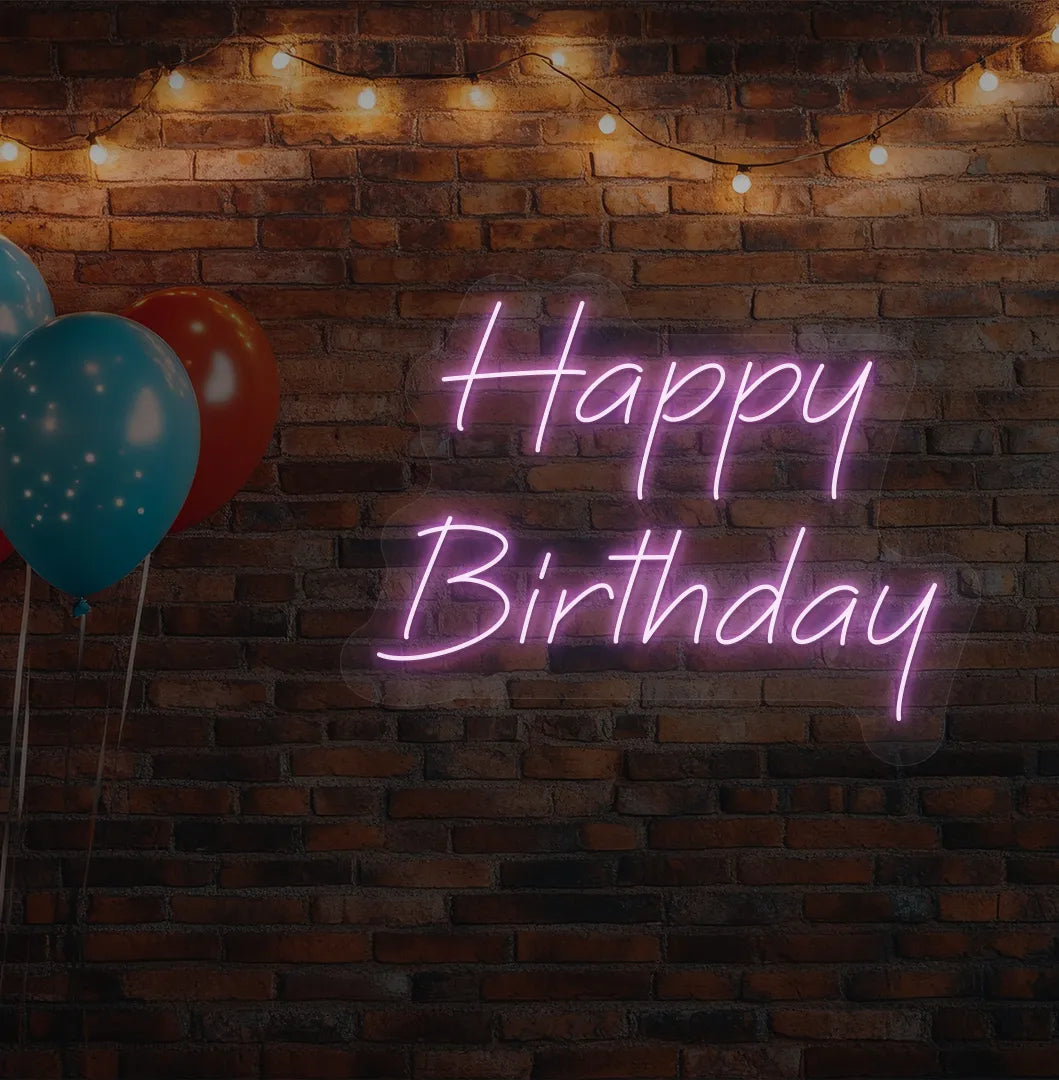 Image of a "Happy Birthday" LED neon sign glowing purple for birthday celebration backdrop.