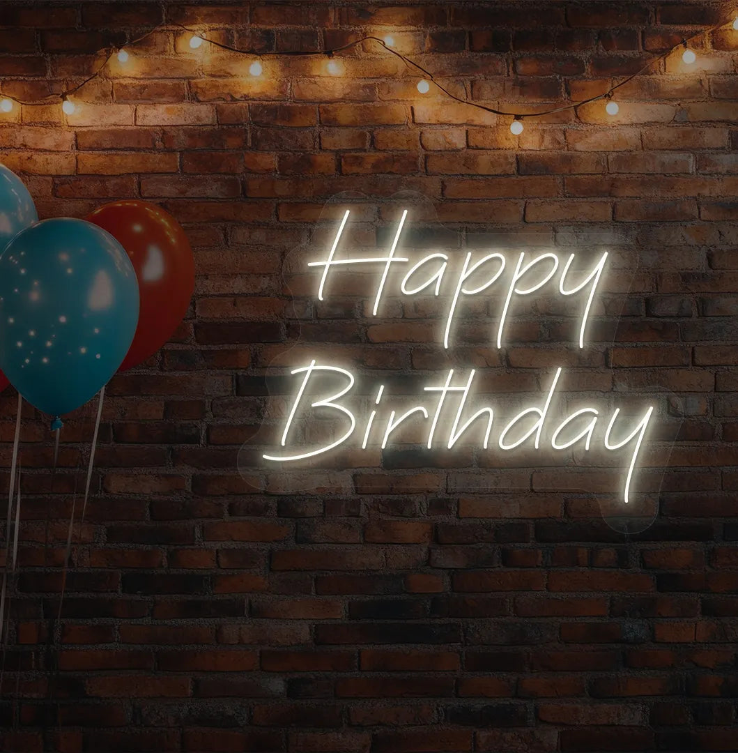Image of a "Happy Birthday" LED neon sign glowing warm white for birthday celebration backdrop.